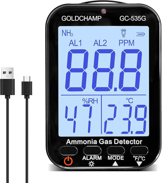 Portable Ammonia Gas Detector | 0-100 PPM Rechargeable Ammonia Gas Monitor | Resolution 0.1ppm with Temperature(℉/℃) | Humidity | Backlight Display | Dual Alarm for Poultry, Farm, Home GC-535G