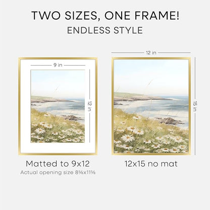 Homeforia 12x15 Picture Frame Gold, High End Metal 12x15 Poster Frames with Mat 9x12 for Photo, 12 x 15 Gold Frame Matted to 9 by 12 Print, 15x12 Thin Hanging Frame, Tempered Glass, Wall Kit, Set of 1