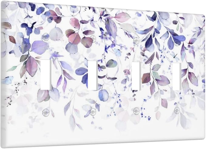 Purple Eucalyptus Watercolor Floral Rustic Leaf Light Switch Covers Quad Toggle Electrical Faceplate 4 Gang Wall Plate Decorative Switch Plates for Farmhouse Home Decor