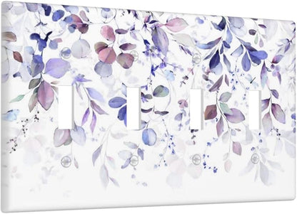 Purple Eucalyptus Watercolor Floral Rustic Leaf Light Switch Covers Quad Toggle Electrical Faceplate 4 Gang Wall Plate Decorative Switch Plates for Farmhouse Home Decor