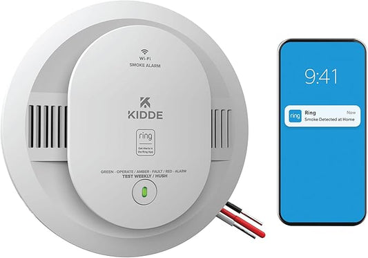 Kidde Smart Smoke Detector, Ring App Enabled for Real-Time Notifications, Hardwired Alarm, AA Backup Battery