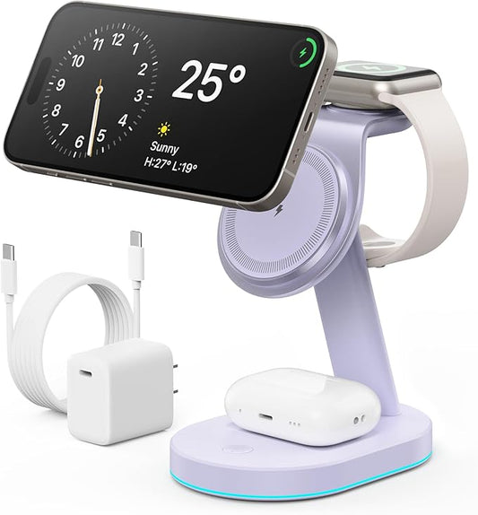 3 in 1 Wireless Charger Charging Station for iPhone,Qi2 Certified 15W Magnetic Charging Stand for Mag-Safe with 30W USB C Adapter&Friendly Night Light for iPhone 16/15/14/13/12,Apple Watch,AirPods