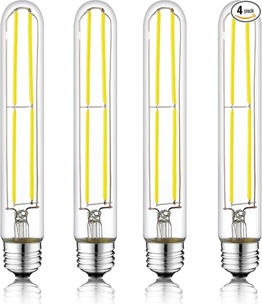 7.3 Inch E26 Led Bulb 6W Dimmable, 6000K Cool White Edison Bulbs 800LM, Equal 80 Watt Tubular T10 T9 Long Clear Glass Light Bulb for Rustic Pendant Industrial Pipe Wall Sconces - 4Pack