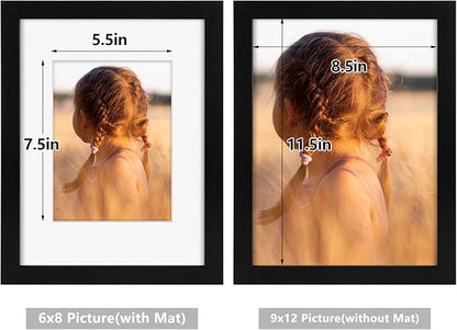 Golden State Art, 9x12 Picture Frame with Mat for 6x8 - High Definition Glass Wall Mounting Horizontal Vertical Display (Black, 2 Pack)