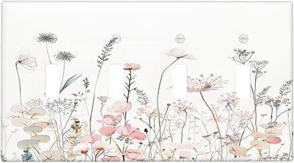 Floral Watercolor Wildflower Dandelion Plant Light Switch Covers Quad Toggle Electrical Faceplate 4 Gang Wall Plate Decorative Switch Plates for Farmhouse Bed Room Decor
