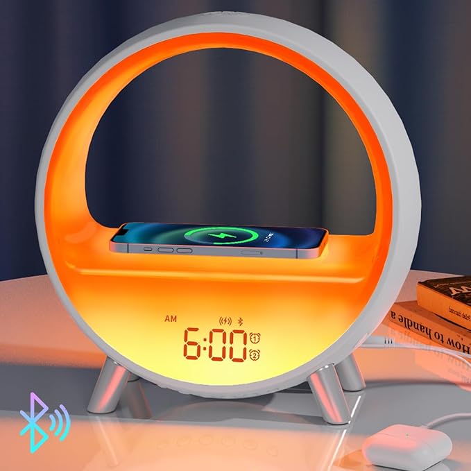 MOMILLA Sunrise Alarm Clock with Wireless Charging Station, Bluetooth Speaker, White Noise Sound Machine, Night Lights Table Lamp, Alarm Clocks for Heavy Sleepers Bedrooms Kids/Baby/Adults