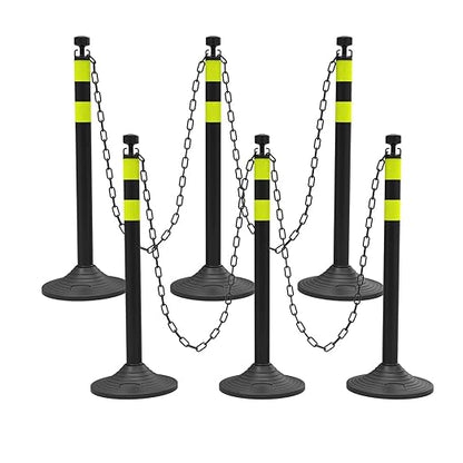 6 Pack Traffic Delineator Post Cones with Plastic Chain Crowd Control Barriers - Expandable 40" Traffic Control Cones, 6 x 6.6 Ft Chains for Indoor & Outdoor Use (Black-Rubber Base)