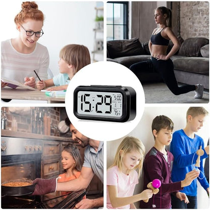 Digital Alarm Clock with LCD Display, Desk Smart Electronic Small Clock with Indoor Temperature, Date, Light Sensor, Backlight, Battery Operated, for Home Bedroom Kids Office (Black)