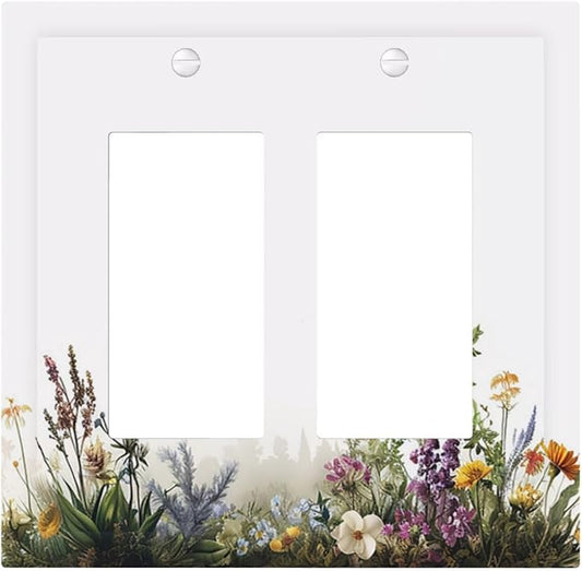 Decorative Outlet Covers White Background Colorful Flowers Plants Green Leaves 2 Gang Double Rocker Light Switch Cover Plate Electrical Switch Plate Cover Decorate GFCI Wall Plate for Bedroom Home