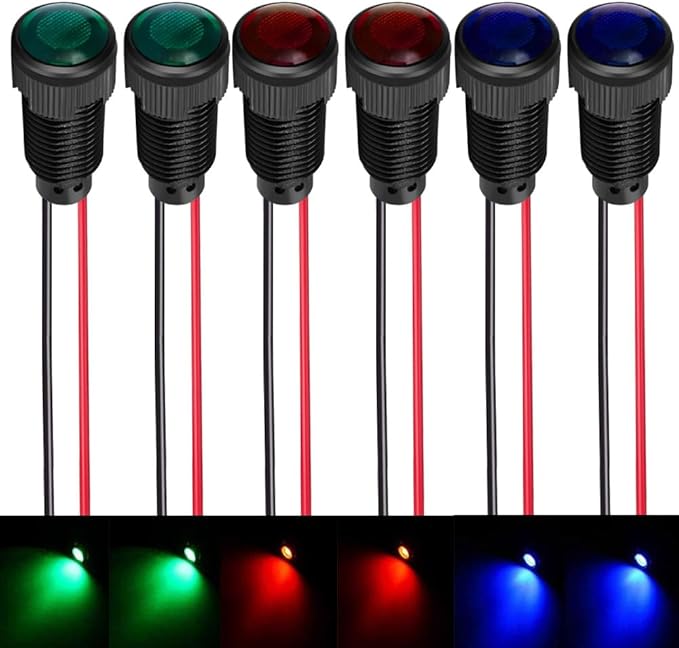 6pcs Red/Blue/Green LED Indicator Pilot Light AC/DC 12-24V Mounting Hole Size 10mm(Flame Retardant Plastic Shell)