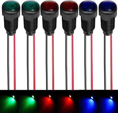 6pcs Red/Blue/Green LED Indicator Pilot Light AC/DC 12-24V Mounting Hole Size 10mm(Flame Retardant Plastic Shell)