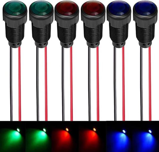 6pcs Red/Blue/Green LED Indicator Pilot Light AC/DC 12-24V Mounting Hole Size 10mm(Flame Retardant Plastic Shell)
