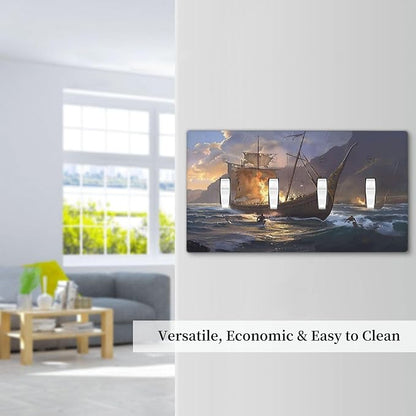 Light Switch Cover Plate Medieval Vintage Sailing Adventure Sailings Ocean Waves 4 Gang Quad Toggle Wall Plate Electrical Outlet Cover Decorative Switch Plate Covers for Bedroom Cabin Decor