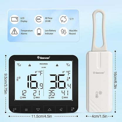 Geevon Digital Refrigerator Thermometer with Alarm, Low Battery Warning Icon, Max/Min Temperature LCD Display, Suitable for Domestic or Commercial Use Freezer Thermometer with Alarm