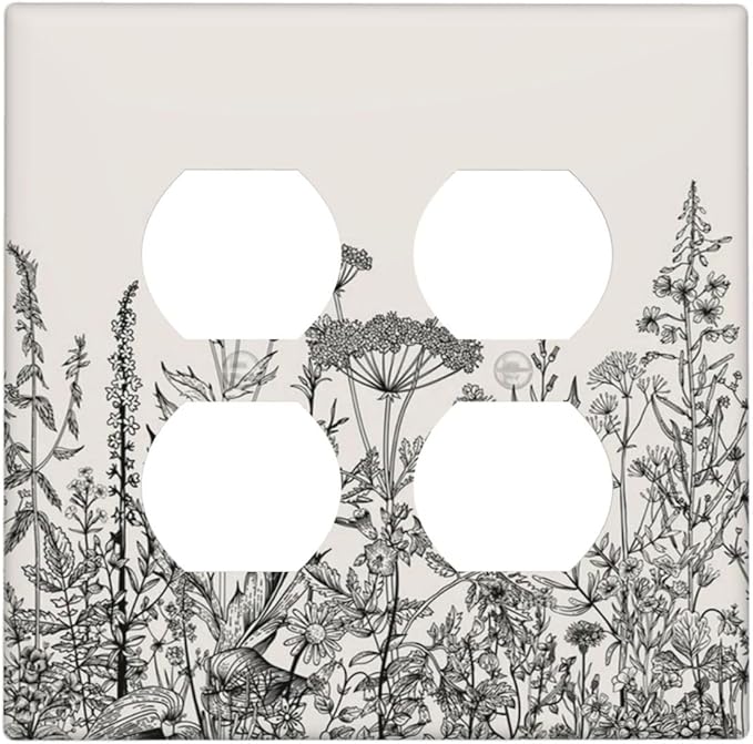 Decorative Outlet Covers Beige Skech Plant Leaves Flowers 2 Gang Wall Plate Cover Double Duplex Receptacle Two Switch Light Switch Cover Plate Jumbo Dual Faceplate for Home Decor