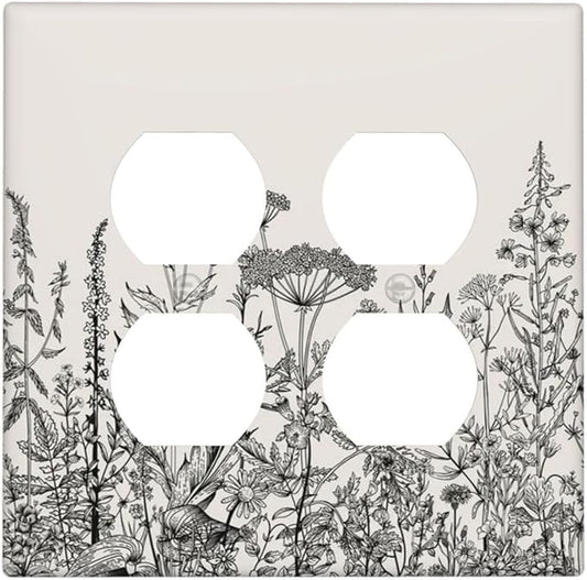 Decorative Outlet Covers Beige Skech Plant Leaves Flowers 2 Gang Wall Plate Cover Double Duplex Receptacle Two Switch Light Switch Cover Plate Jumbo Dual Faceplate for Home Decor