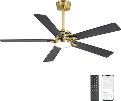 WINGBO 60" Smart Ceiling Fan with Lights and 3 Downrods, 5 Plywood Blades, 6 Speeds Reversible DC Motor, Works with Alexa and Google Assistant, 3CCT Dimmable LED Large Ceiling Fans, Brass and Black