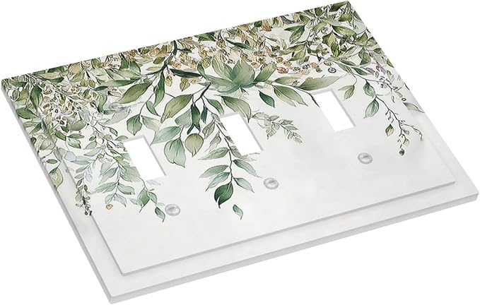 Decorative Switch Plates Sage Green Eucalyptus Watercolor Plant Leaves 3 Gang Wall Plate Triple Toggle Light Switch Cover Faceplate Electrical Wall Panels for Bedroom Bathroom Decor
