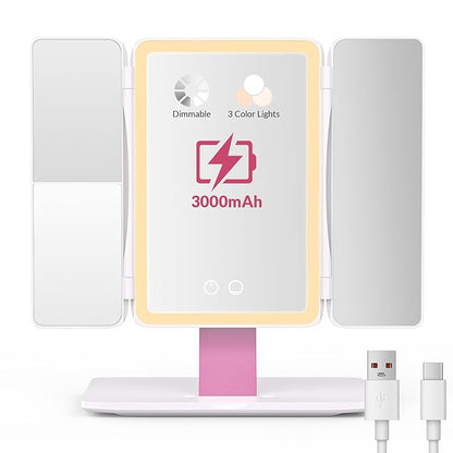 EASEHOLD Foldable Tri-Fold Lighted Makeup Vanity Mirror with 60 LED Lights, 1X/2X/3X Magnification, Touch Control Dimming, 3000mah Rechargeable, 360° Rotation, Portable Travel Folding Compact Mirror