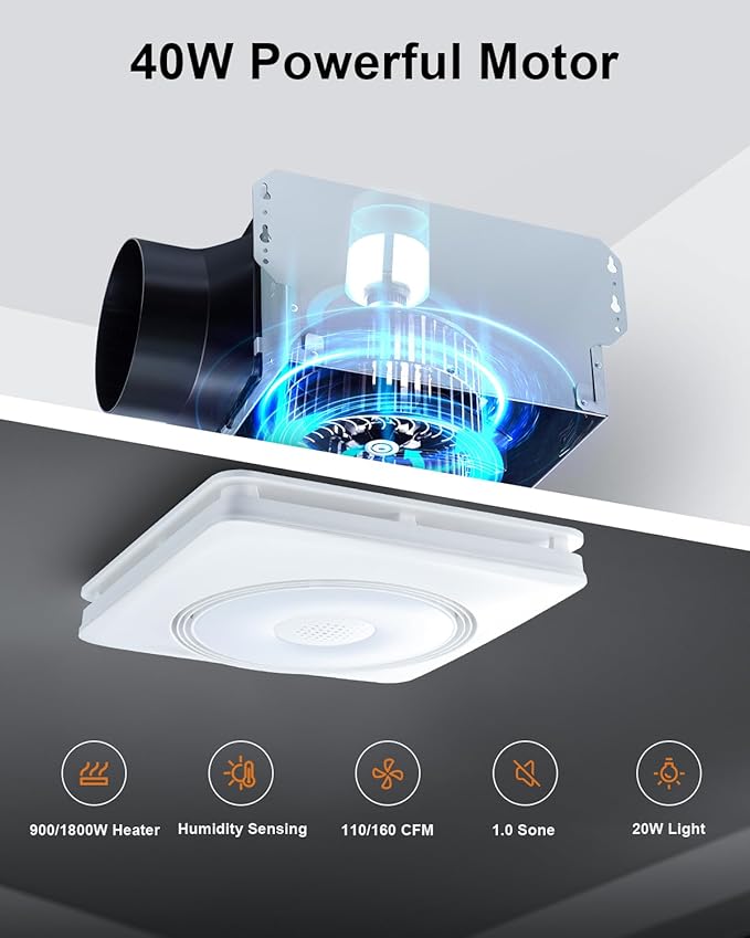 GROWNEER Powerful Oversize Bathroom Exhaust Fan with Light, 40W Bathroom Fan with Humidity Sensor, 110/160 CFM 1.0 Sone Exhaust Fan with Heater, 1800W Heating, 1500lm 2700K/4000K/5000K & Nightlight