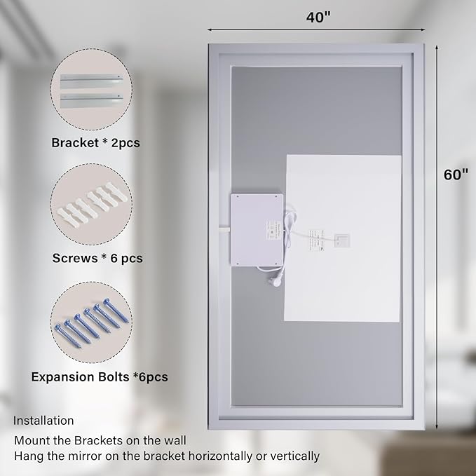40"x 60"LED Bathroom Mirror, Backlit + Front Lit, LED Bathroom Mirror with Lights for Wall, 3 Colors, Anti-Fog, Dimmable Brightness, Tempered Glass