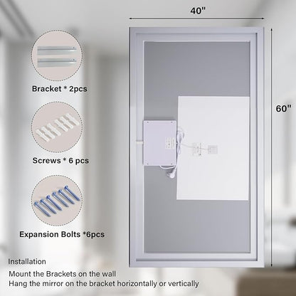 40"x 60"LED Bathroom Mirror, Backlit + Front Lit, LED Bathroom Mirror with Lights for Wall, 3 Colors, Anti-Fog, Dimmable Brightness, Tempered Glass