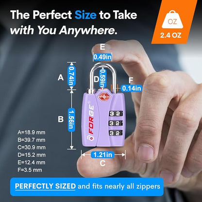 Forge Luggage Locks TSA Approved 2 Pack Purple, Small Combination Lock with Zinc Alloy Body, Open Alert, Easy Read Dials, for Travel Suitcase, Bag, Backpack, Lockers.
