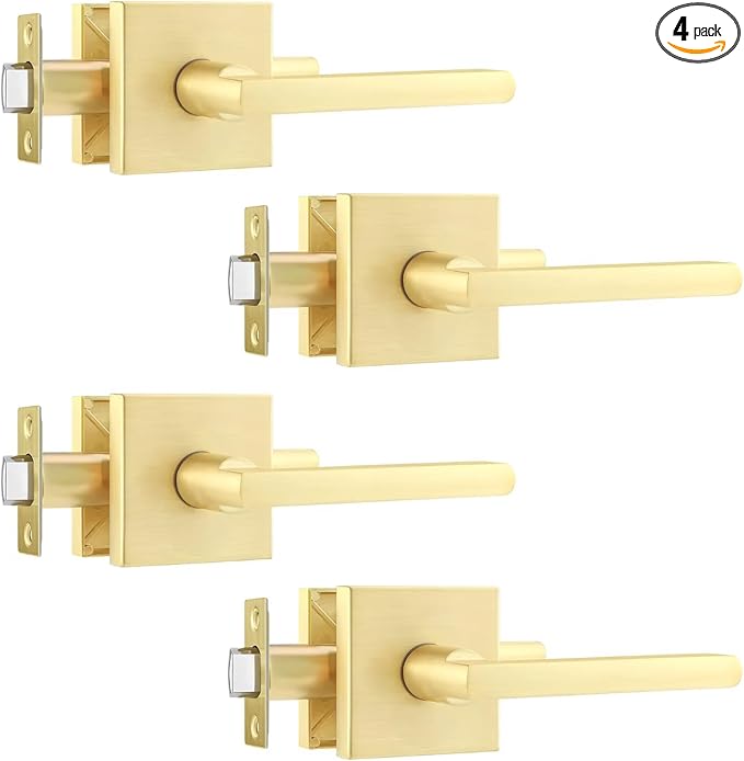 Leydebong 4 Pack Passage Door Levers Square Hall Closet Handles, Heavy Duty Interior Keyless Lever Sets, Reversible for Right & Left Side, Satin Brass Finish