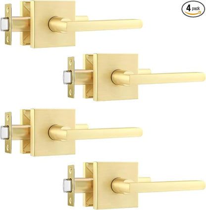 Leydebong 4 Pack Passage Door Levers Square Hall Closet Handles, Heavy Duty Interior Keyless Lever Sets, Reversible for Right & Left Side, Satin Brass Finish