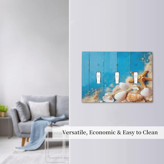 Decorative Switch Plates Blue Wood Grain Beach Shell Starfish 3 Gang Wall Plate Triple Toggle Light Switch Cover Faceplate Electrical Wall Panels for Bathroom Farmhouse Decor