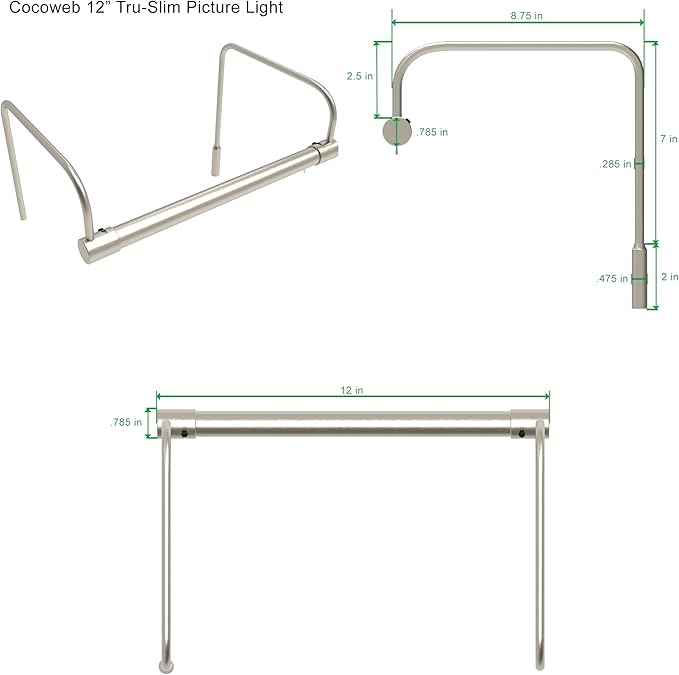 Cocoweb 12 Inch Tru-Slim Satin Nickel Picture Light - LED, 2700K, Adjustable Arm, Plug-in, Toggle Switch, Sleek and Compact Design