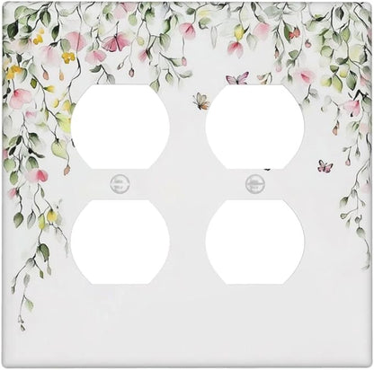 Watercolor Flowers Vine Colorful Butterfly Floral Outlet Covers 2 Gang Double Duplex Decorative Light Switch Covers Electrical Wallplates Socket Faceplate For Bed Room Living Room Decor