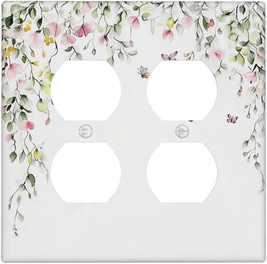 Watercolor Flowers Vine Colorful Butterfly Floral Outlet Covers 2 Gang Double Duplex Decorative Light Switch Covers Electrical Wallplates Socket Faceplate For Bed Room Living Room Decor