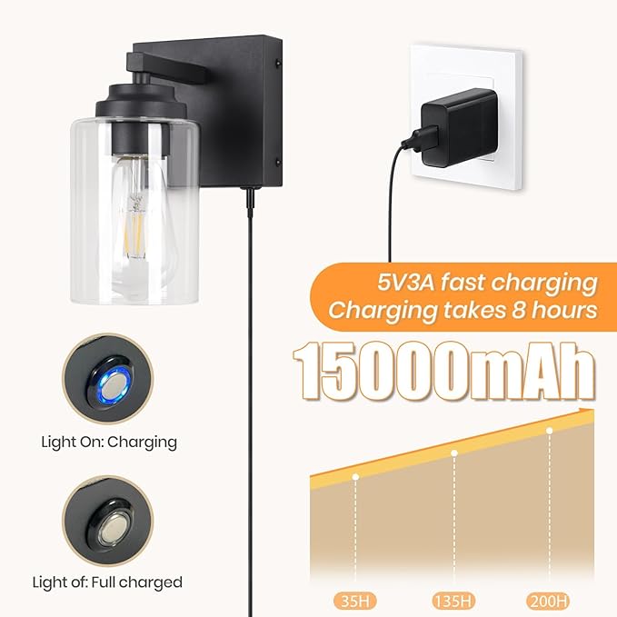 Battery Operated Wall Sconce,Wireless Wall Lights Infinitely Dimmable with Remote Control 15000mAh Endurance 200 Hours Fast Charging,Wall Sconce Set of 2 for Bedroom Living Room Hallway