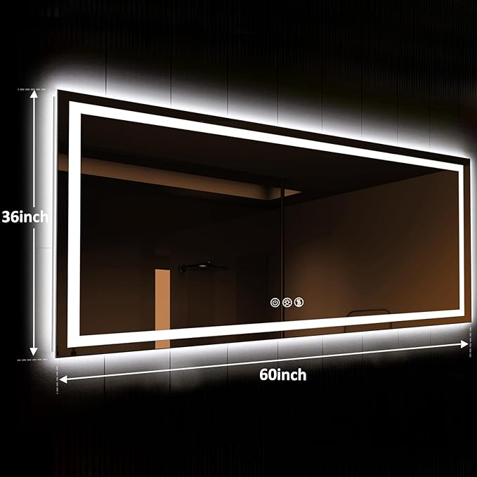 ROOMTEC 60 x 36 Inches LED Bathroom Mirror with Front and Backlit,Anti-Fog,3 Colors and Dimmable Light(Horizontal/Vertical), Silver