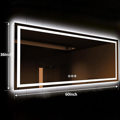 ROOMTEC 60 x 36 Inches LED Bathroom Mirror with Front and Backlit,Anti-Fog,3 Colors and Dimmable Light(Horizontal/Vertical), Silver
