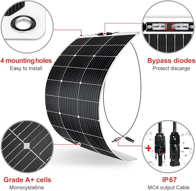 DOKIO 600W (6×100W) Flexible Solar Panels 18V Monocrystalline for 12V Battery Charging, Semi-Flexible ETFE with MC4, Series or Parallel Expansion for RV Boat Van Camper Trailer Off-Grid Power