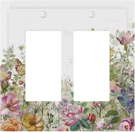 Decorative Outlet Covers Boho Wildflower Colorful Floral Butterfly 2 Gang Double Gfci Rocker Electrical Wall Panels Light Switch Cover Plate For Bed Room Living Room Decor