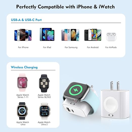 for Apple Watch Charger,Wireless Magnetic for Apple Watch Charging,2Pack 23W Dual Port(USB-C+USB-A)Fast Wall Charging Block Travel Plug iWatch Charger for iWatch 11/Ultra/SE/10/9/8/7/6,iPhone 17/16/15