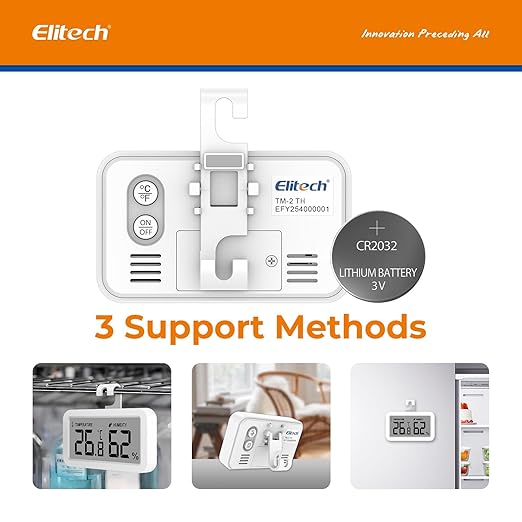 Elitech Fridge Thermometer Hygrometer Digital Freeze Refrigerator Thermometer Waterproof Large LCD Display TM-2TH