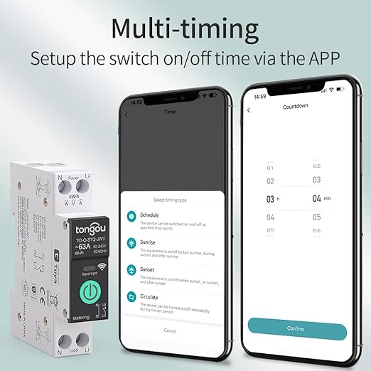 Smart Home DIN Rail WiFi Switch, 1P+N 1‑63A, Over-Current Protection, Tuya/Smart Life Remote Control, Voice Control via Alexa &Google Assistant, Energy Monitor, Timer Functions, FCC Certified