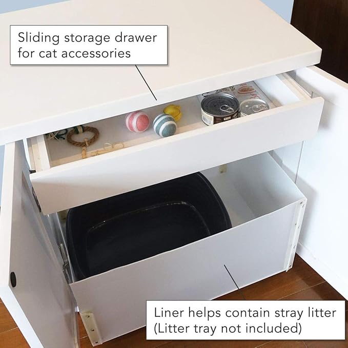 THE REFINED FELINE Cat Litter Box Enclosure Cabinet, Cottage, White, Tulip Feet, Large, Hidden Litter Cat Furniture with Drawer