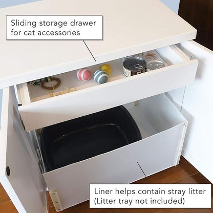 THE REFINED FELINE Cat Litter Box Enclosure Cabinet, Cottage, White, Square Feet, Large, Hidden Litter Cat Furniture with Drawer