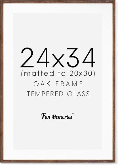 24x34 Oak Wood Picture Frame, 24"x34" Poster Frame for Wall, 24 x 34 Frame with Mat for 20x30, Rustic Wood Frame 24 x 34 with Real Glass, 24 by 34 Large Photo Frame (Walnut Color, 1 Pack)