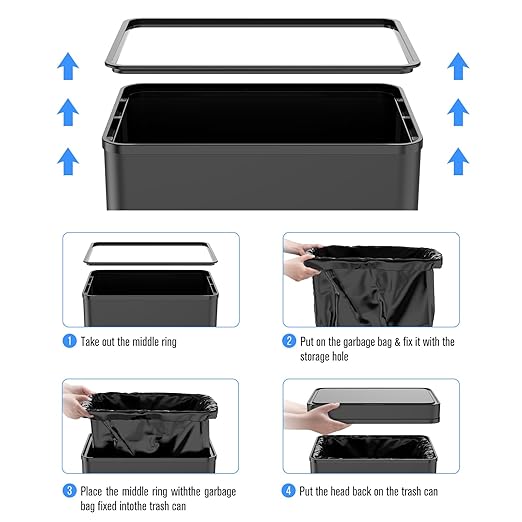 50L / 13 Gallon Smart Automatic Trash Can with Deodorizer Compartment, Stainless Steel Body and Mute Sensor Lid for Kitchen Office Living Room and More, Assemble Large Capacity Garbage Can - Black