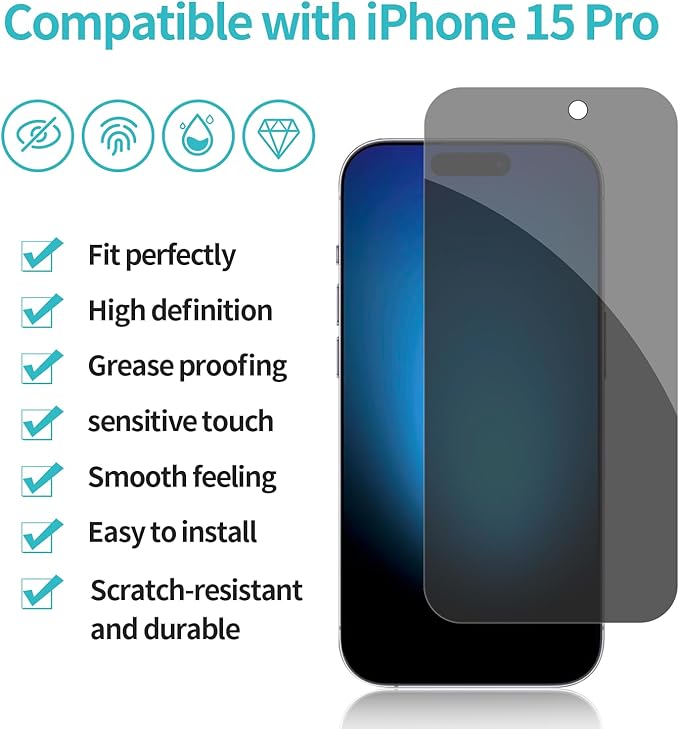 PEHAEL 2+2Pack for iPhone 15 Pro Privacy Screen Protector with Camera Lens Protector Full Coverage Anti-Spy Tempered Glass Film 9H Hardness Easy Installation Bubble Free [6.1 inch]