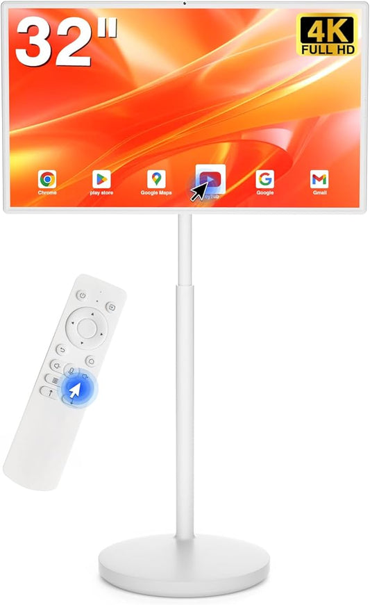 32-Inch Portable Smart Tablet, Portable TV on Wheels with 4K Camera, 8G RAM+128G Storage, Android 13 OS, Built-in Battery(Up to 8H), Full Swivel Rotation, Voice Remote Control(White)