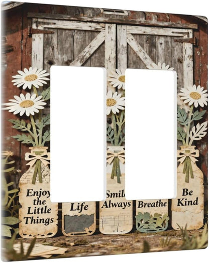Rustic Daisy Barn Door Flowers 2 Gang Double Rocker Decorative Light Switch Covers Electrical Faceplate Switch Plates for Bathroom Kitchen Home