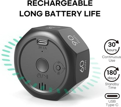 Pomodoro Timer, Flip Cube with 7 presets Countdown, Count up, Rechargeable Small Portable Visual Focus Stopwatch for ADHD, Kids, Classroom, Kitchen, Work, Study, Productivity (Space Grey)