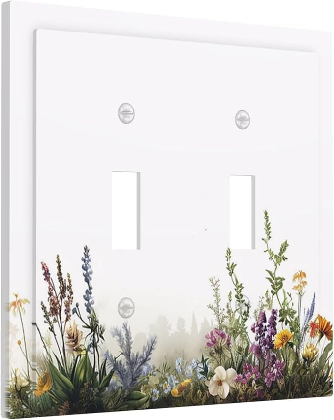 Decorative Switch Plate Covers White Background Colorful Flowers Plants Green Leaves 2 Gang Double Toggle Light Switch Cover Plate Electrical Wall Plate Outlet Cover for Bedroom Home Decor